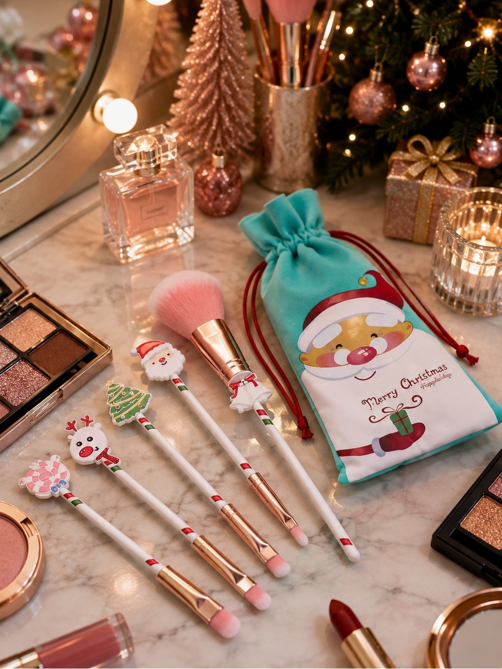 Christmas Makeup Brush Set 5pc + Drawstring Bag Holiday Gift NWT